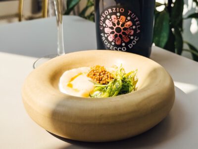 Pattison Wareniki mit Estragon und Ziegenfrischkäse in Kombination mit Prosecco DOC.